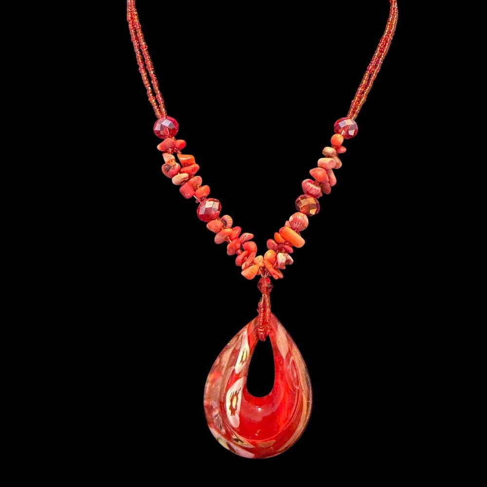 Red glass pear shaped pendant seed bead necklace hand crafted